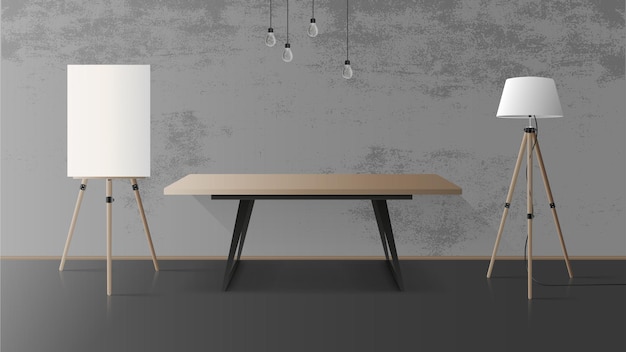 Wooden table with black metal base. empty table, wooden easel, floor lamp, gray, concrete wall.   illustration