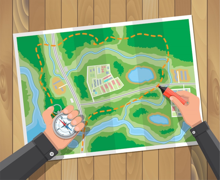 Vector wooden table with paper map. planning trip