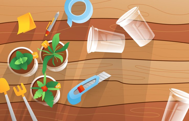 Vector a wooden table with a plant and a plant with a watering can on it