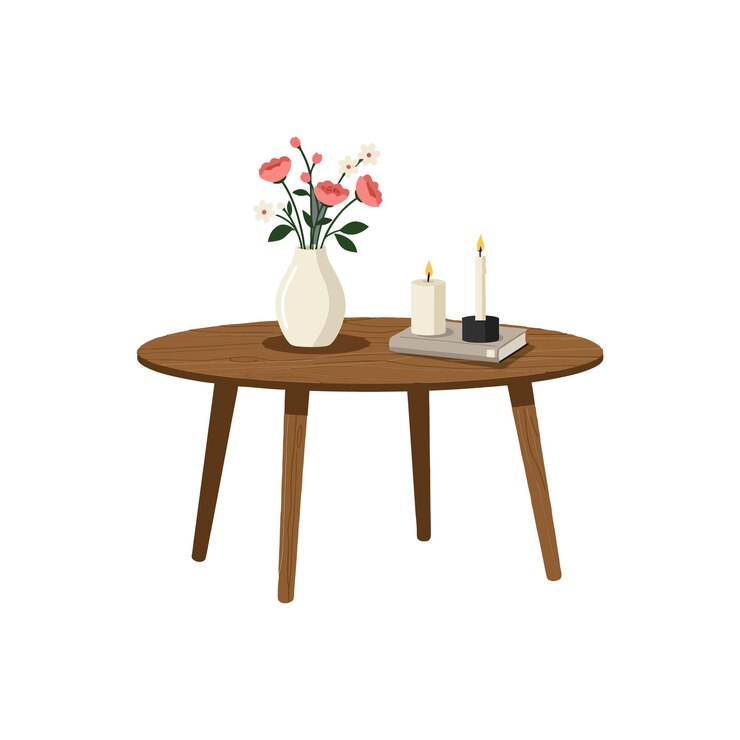 Vector wooden table with a vase of flowers candles and a book in a minimal design style showcasing a cozy atmosphere in vector illustration