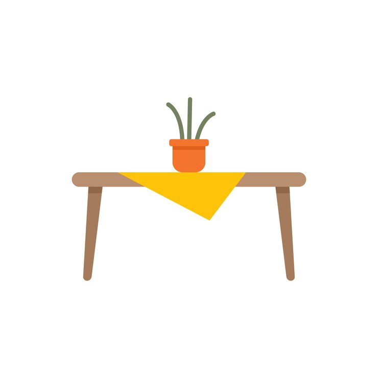 Vector wooden table with yellow tablecloth and potted plant showing cozy home interior design