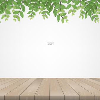 Terrazza in legno con cornice di foglie verdi e area naturale verde. con area bianca per lo spazio della copia. illustrazione vettoriale.