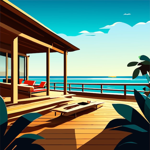 Vector wooden terrace with table and couch on sea beach