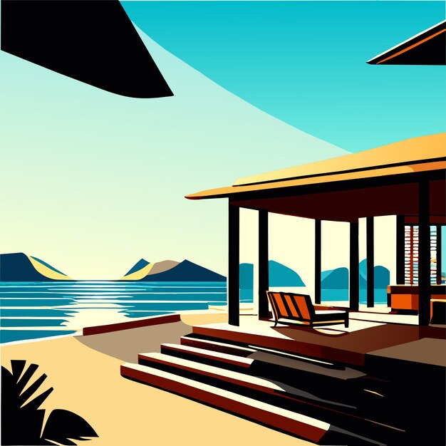 Vector wooden terrace with table and couch on sea beach