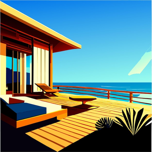 Vector wooden terrace with table and couch on sea beach