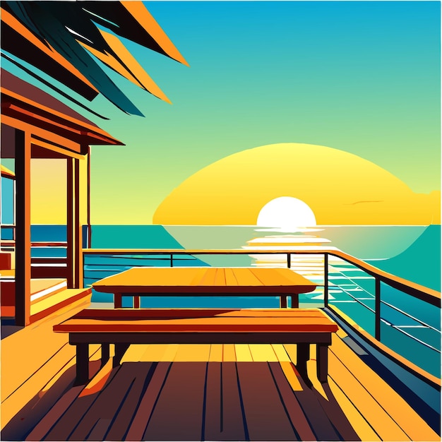 Vector wooden terrace with table and couch on sea beach