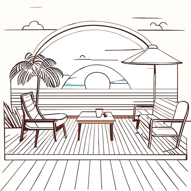 Vector wooden terrace with table and couch on sea beach