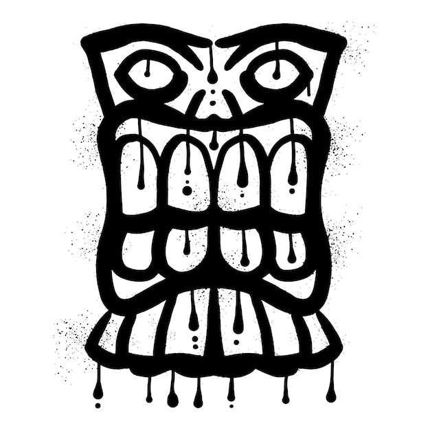 Wooden tiki mask graffiti with black spray paint art