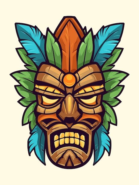 Vector wooden tiki mask tribal hand drawn logo design illustration