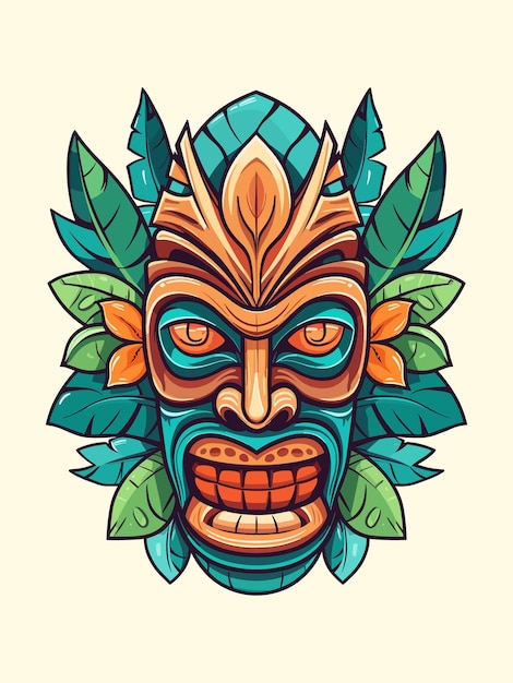 wooden tiki mask tribal hand drawn logo design illustration