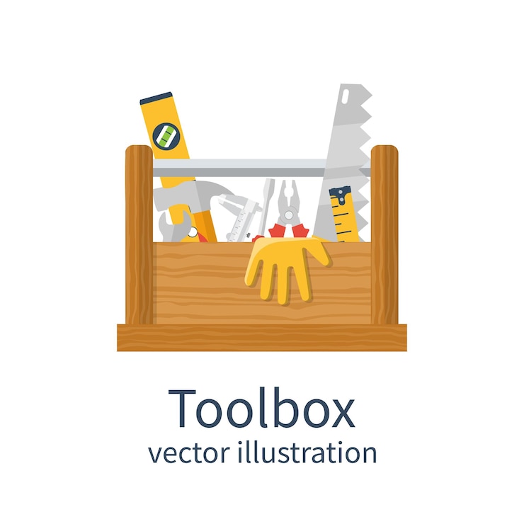 Vector 分離された木製のツールボックスフラットなデザインスタイルのベクトル図ボックスにツールの便利屋を設定テンプレートバナー広告の改修として使用することができます修理やメンテナンスのためのツールボックス