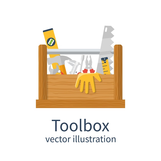 벡터 격리 된 나무 도구 상자 평면 디자인 스타일의 벡터 일러스트 레이 션 상자에 도구 핸디를 설정 템플릿 배너 광고 혁신으로 사용할 수 있습니다 수리 및 유지 보수를 위한 도구 상자