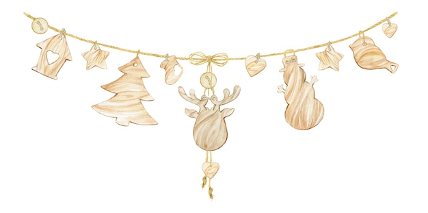 Vector wooden toys suspended on a rope. christmas decor, in scandinavian style. watercolor