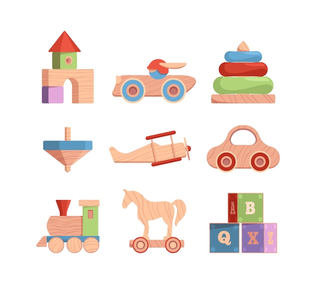 Vector wooden toys vintage funny items for kids cars blocks dolls for happy holidays garish vector flat old collection