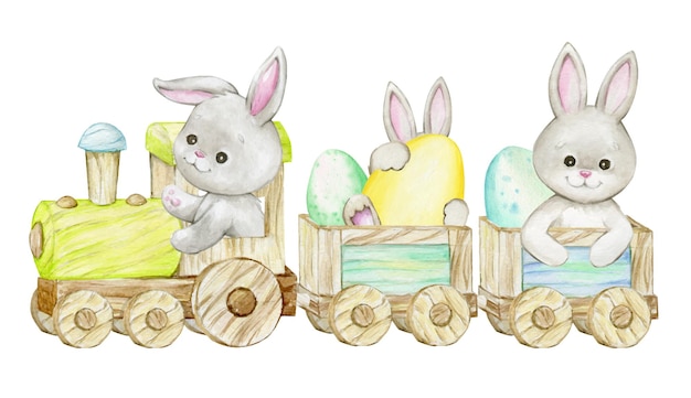 Wooden train rabbit chicken duck Easter eggs Watercolor concept on isolated Easter holiday