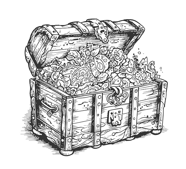 Wooden treasure chest in black and white A handdrawn sketch highlighted on a white background Vector illustration