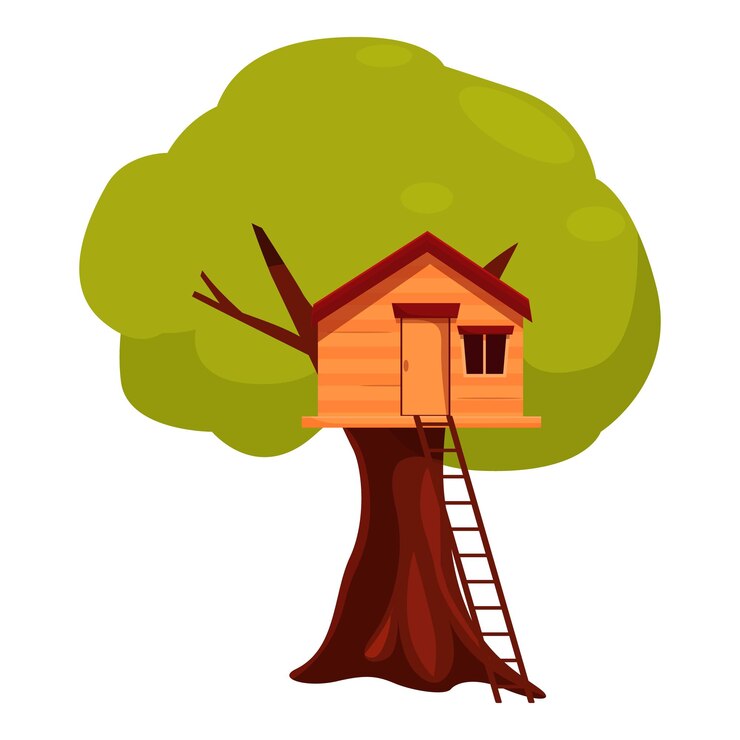 Vector wooden tree house standing on green tree trunk