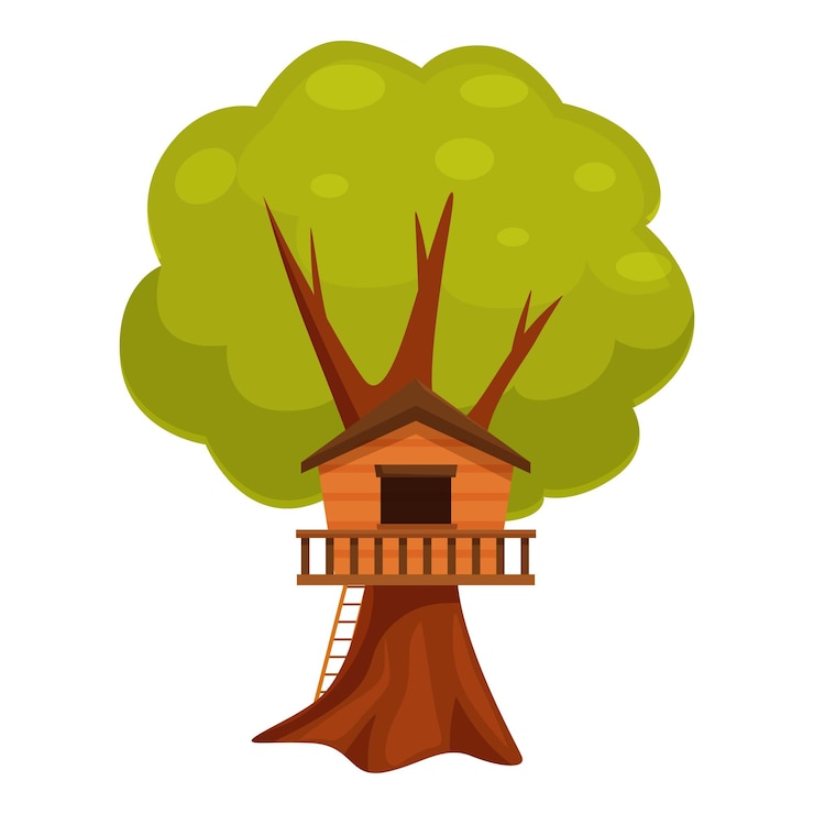 Vector wooden tree house with balcony nestled in lush foliage