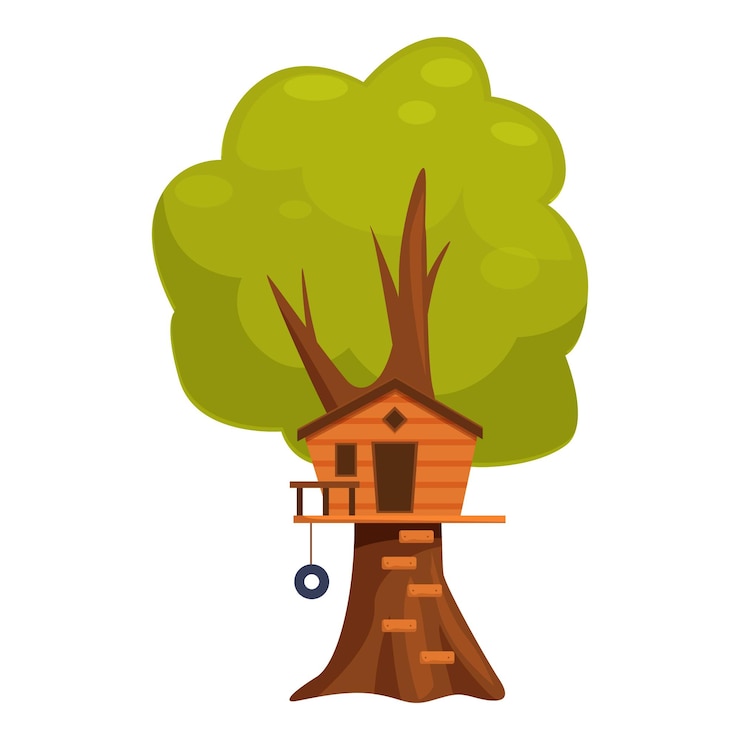 Vector wooden tree house with tyre swing hanging on big green tree