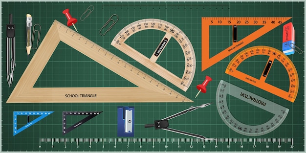 Деревянный треугольник и линейка, изолированные на зеленом. набор измерительных инструментов: линейки, треугольники, транспортир.