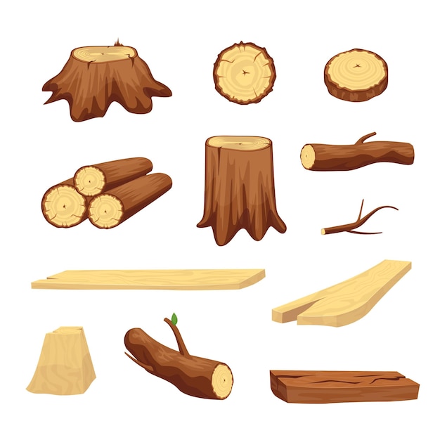 Wooden trunk materials set parts elements for wood industry vector illustration of chopped firewood and natural timber