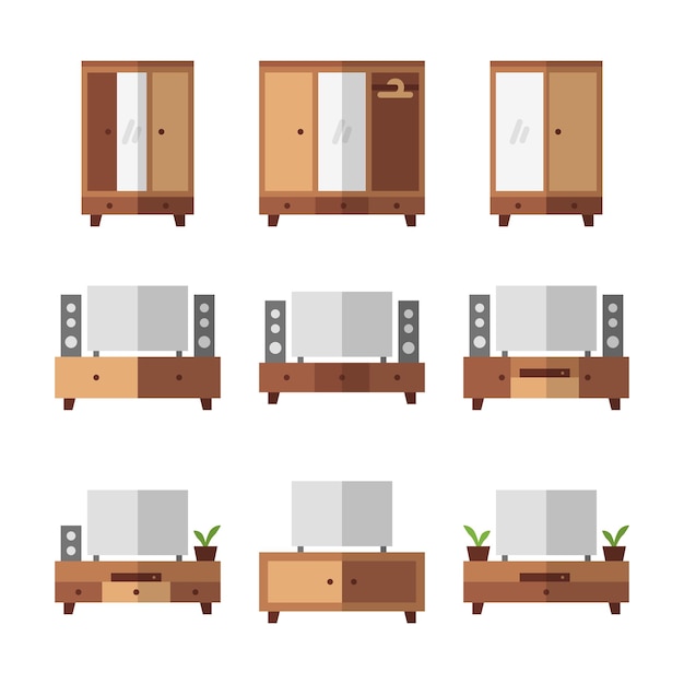 Wooden TV Table and Wardrobe Furniture Color Icon Set