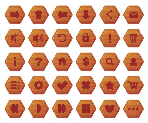 wooden ui buttons with symbols interface and menu wood icons gui asset interactive interaction website design navigation arrows player panel game play hexagon elements vector set
