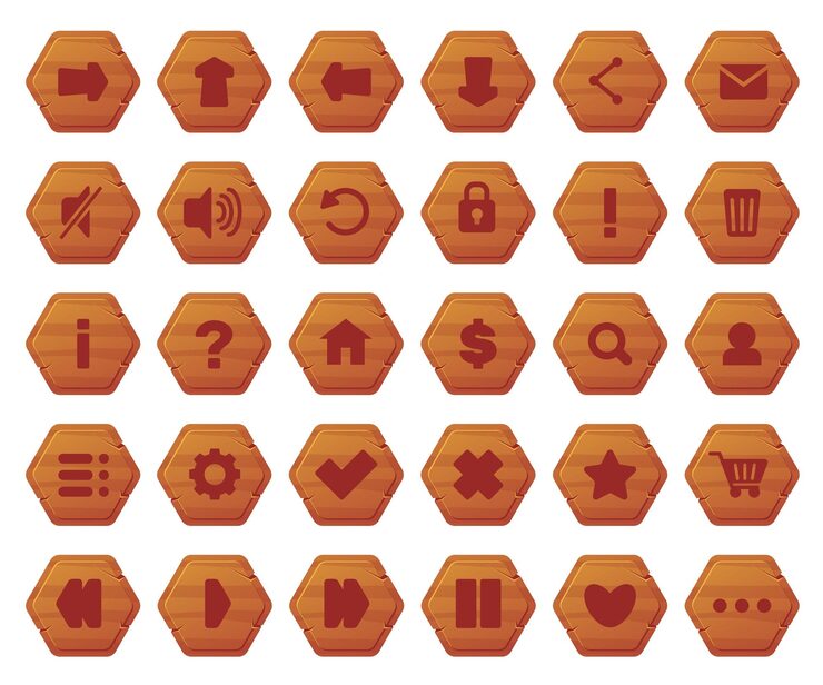 Vector wooden ui buttons with symbols interface and menu wood icons gui asset interactive interaction website design navigation arrows player panel game play hexagon elements vector set
