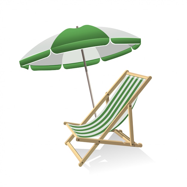 Wooden umbrella and deck chair. Summer trip, sea vacation and tropical travel concept. illustration isolated.