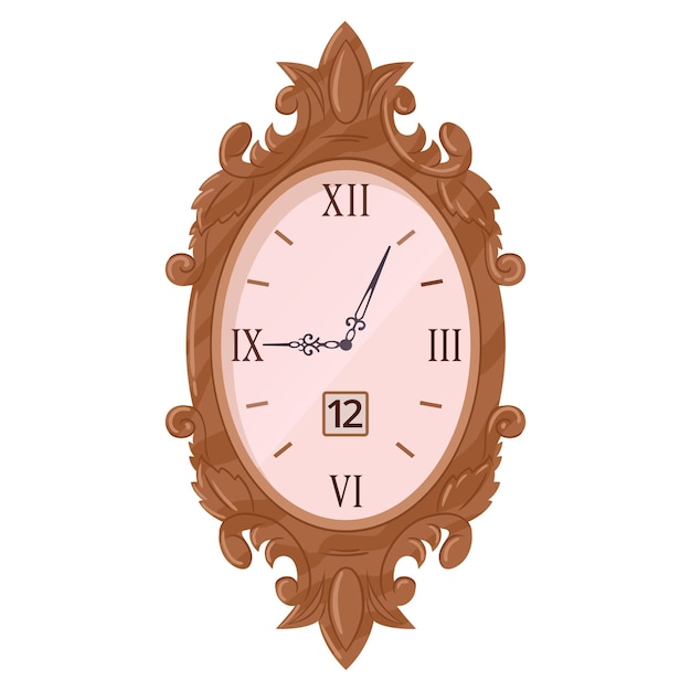 Wooden vintage clock cartoon watch mechanical retro clock digital interior chronometer flat vector illustration set on white background