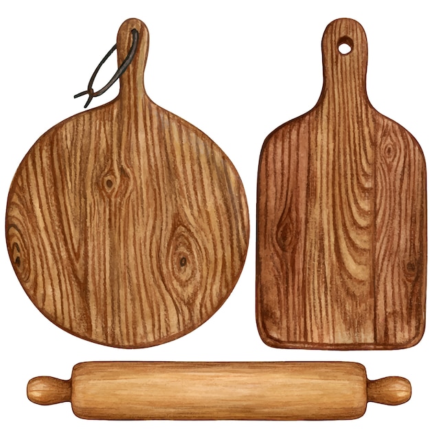 Vector wooden watercolor cutting boards and rolling pin