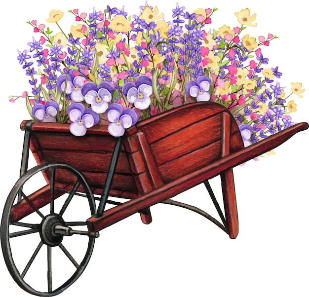 Vector wooden wheelbarrow full of spring flowers