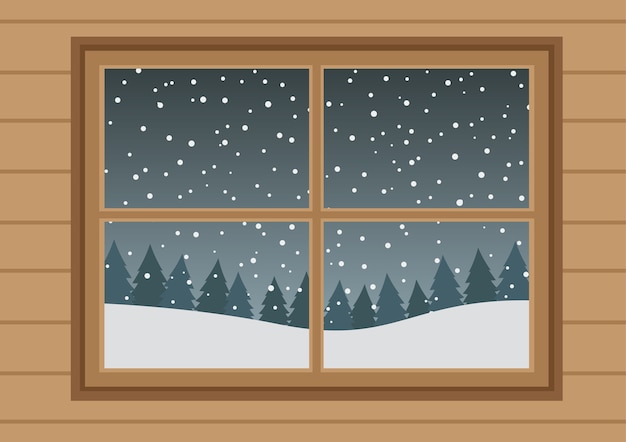 Wooden windows with white falling snow