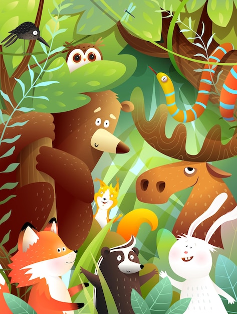 Woodland animals friends in green forest together bear moose rabbit squirrel snake animals