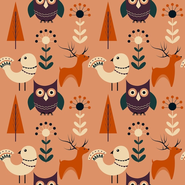 Vector woodland animals pattern in scandonavian style