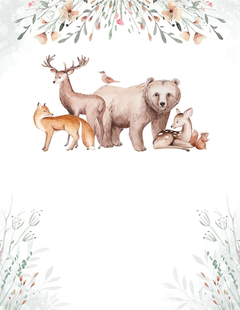 Vector woodland animals watercolor forest illustration baby template