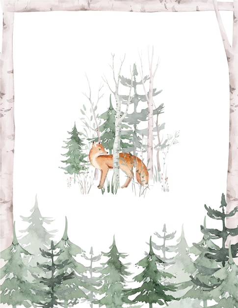 Woodland Animals watercolor forest illustration baby template