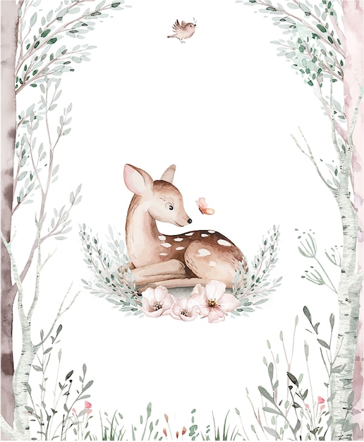 Vector woodland animals watercolor forest illustration baby template