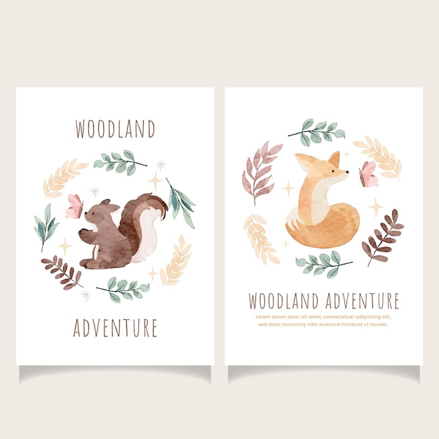 Vector woodland forest animal watercolor hand drawn greeting card design