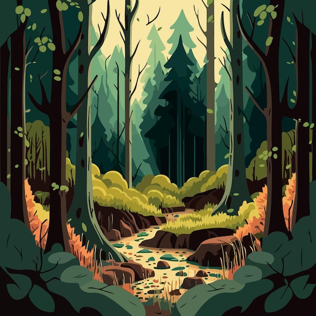 Vector woodland forest landscape with trees