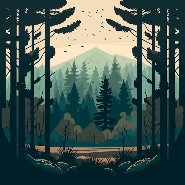 Vector woodland forest landscape with trees