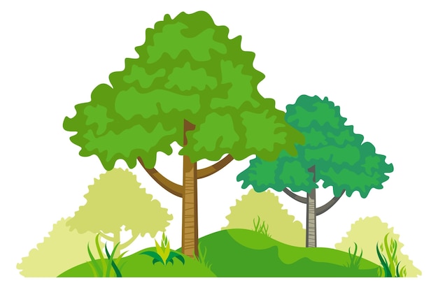 Woodland landscape cartoon trees growing from green ground