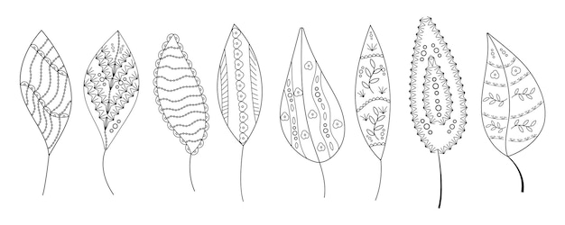 Вектор листьев леса в стиле линейного искусства этнический племенной лист в стиле ручной работы