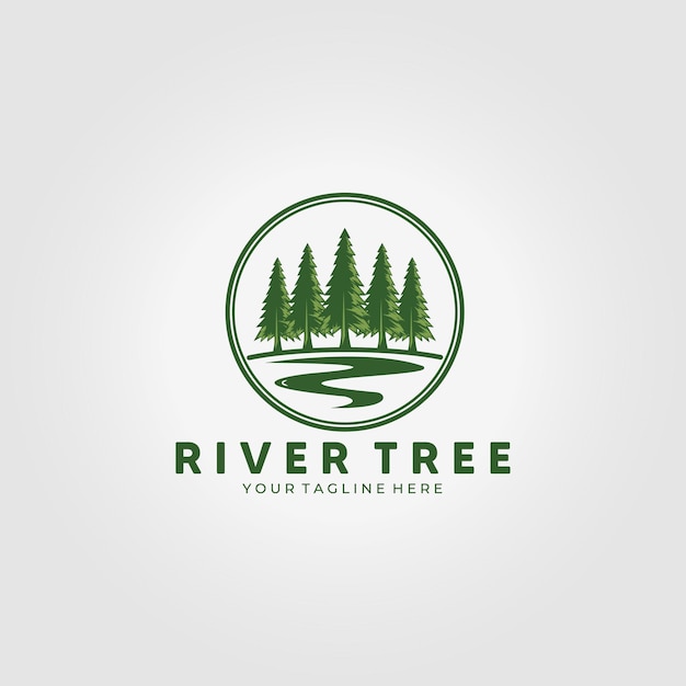 Woodland Logo River Pine Tree Icon Vector Illustration Design Vintage