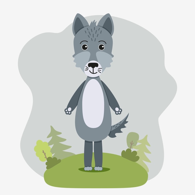 Woodland personage wolf in cartoon stijl vector illustratie van wolf in bos landschap