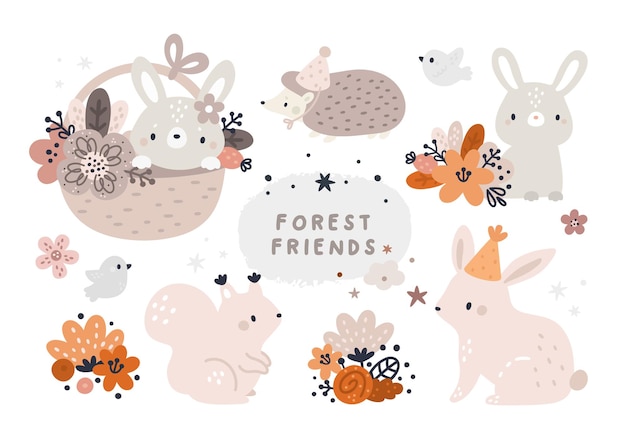 Vector woodlands baby animals in scandinavian style for kids