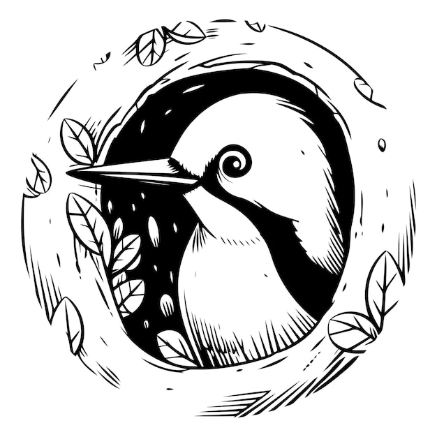 Vector woodpecker in a hole with leaves hand drawn vector illustration