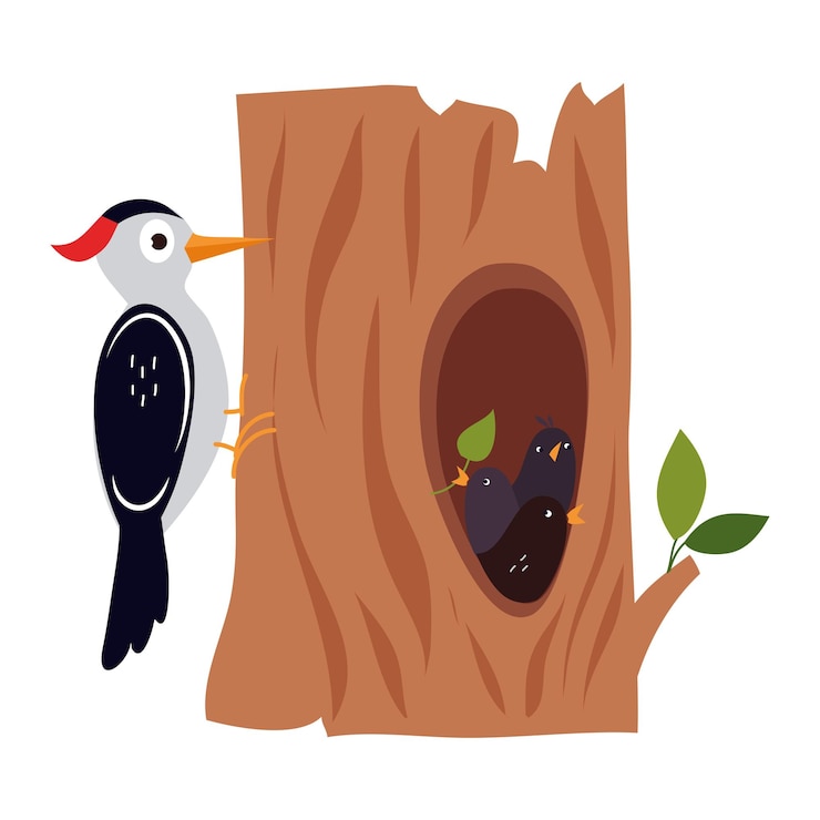 Vector woodpecker on tree trunk and cute little birds in tree hollow as forest habitant vector illustration