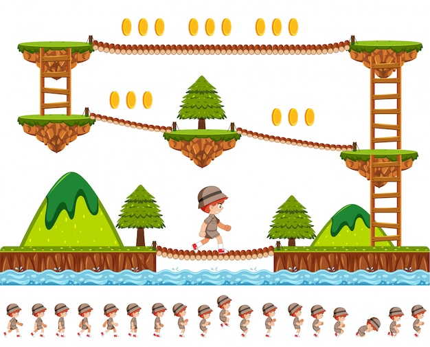 Vector woods game design with cartoon character