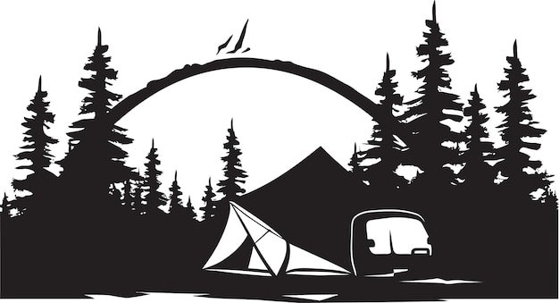 Vector woodsy wanderer sleek monochromatic emblem for camping enthusiasts camping constellations black vec